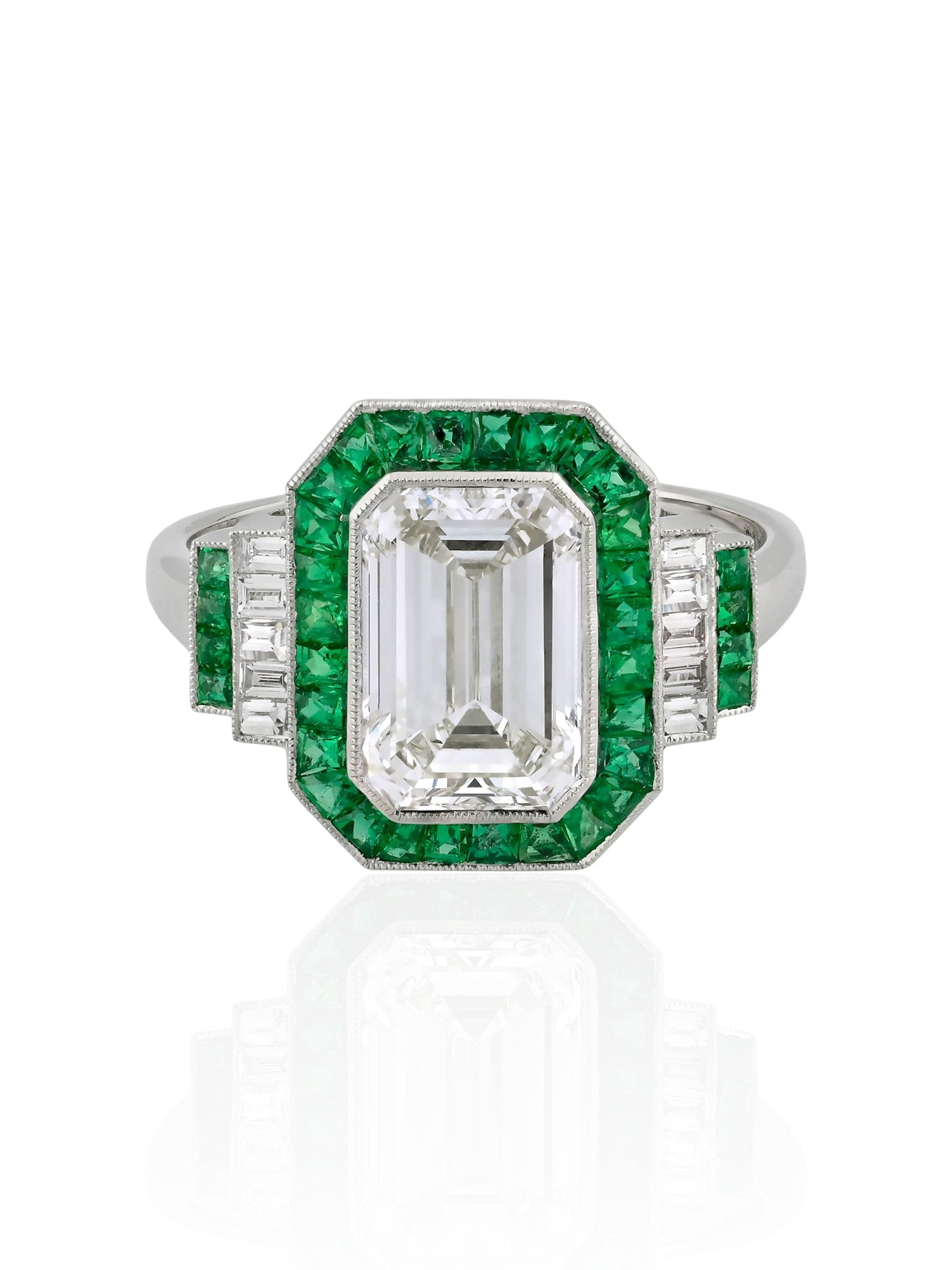 Sophia D Art Deco Mosaic Emerald and Diamond Ring Platinum
