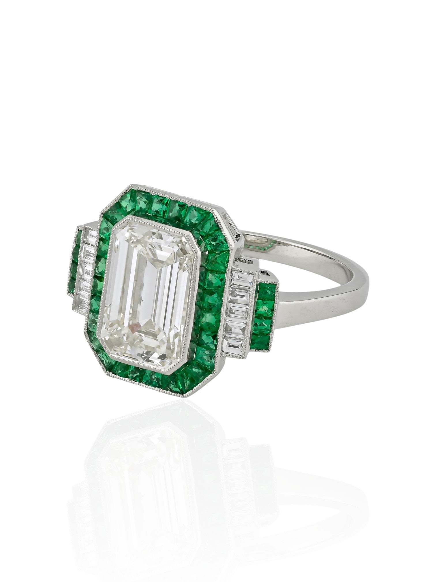 Sophia D Art Deco Mosaic Emerald and Diamond Ring Platinum