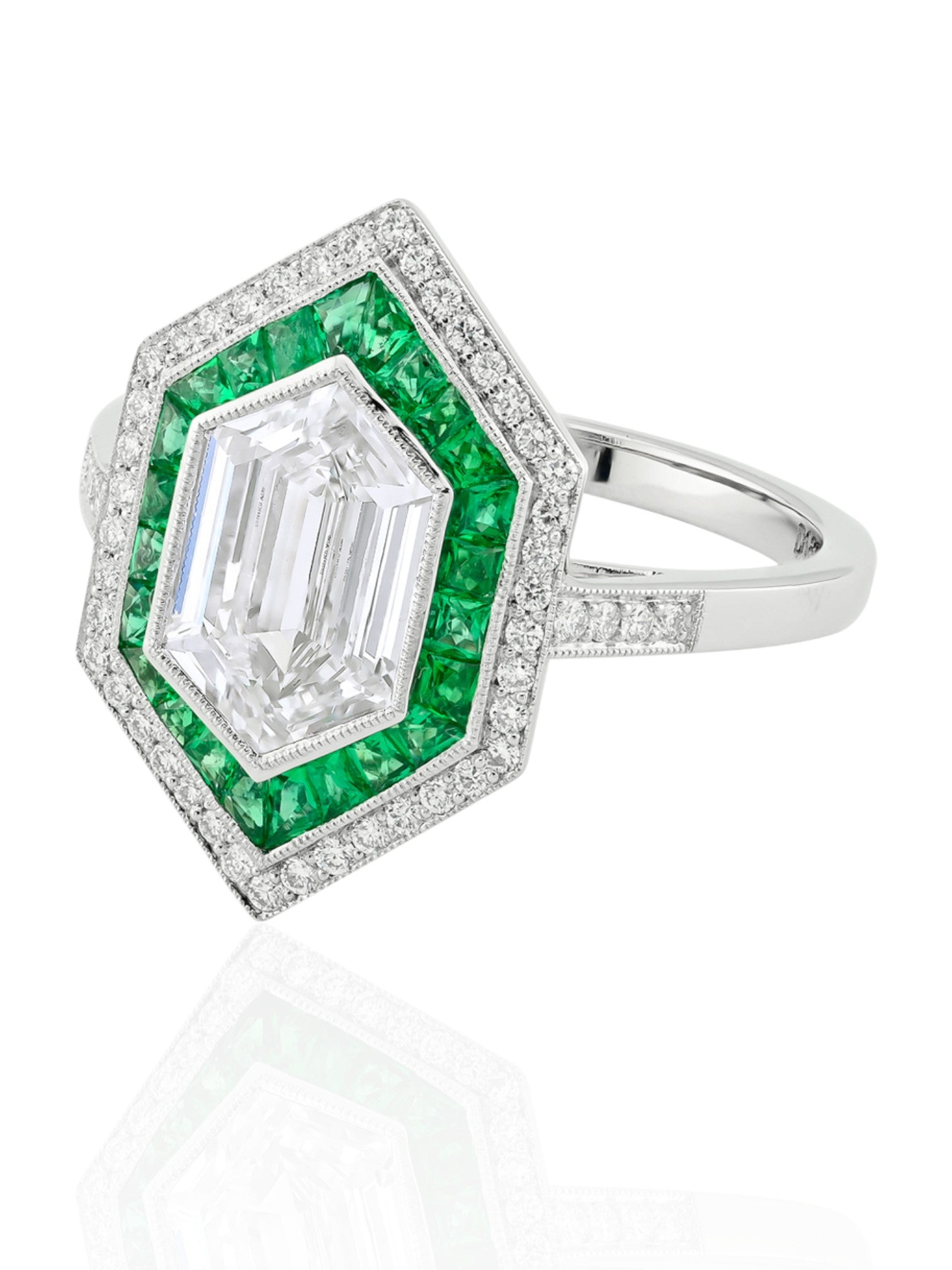 Sophia D Art Deco Emerald and Diamond Mosaic Platinum Ring