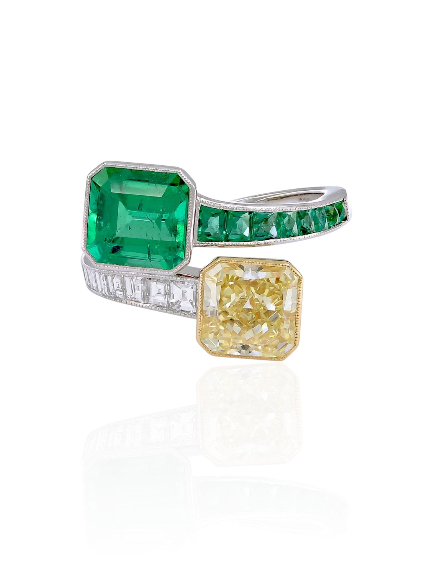 Sophia D Colombian Emerald and GIA Certified Yellow Diamond Bypass Ring Platinum and 18K Yellow Gold