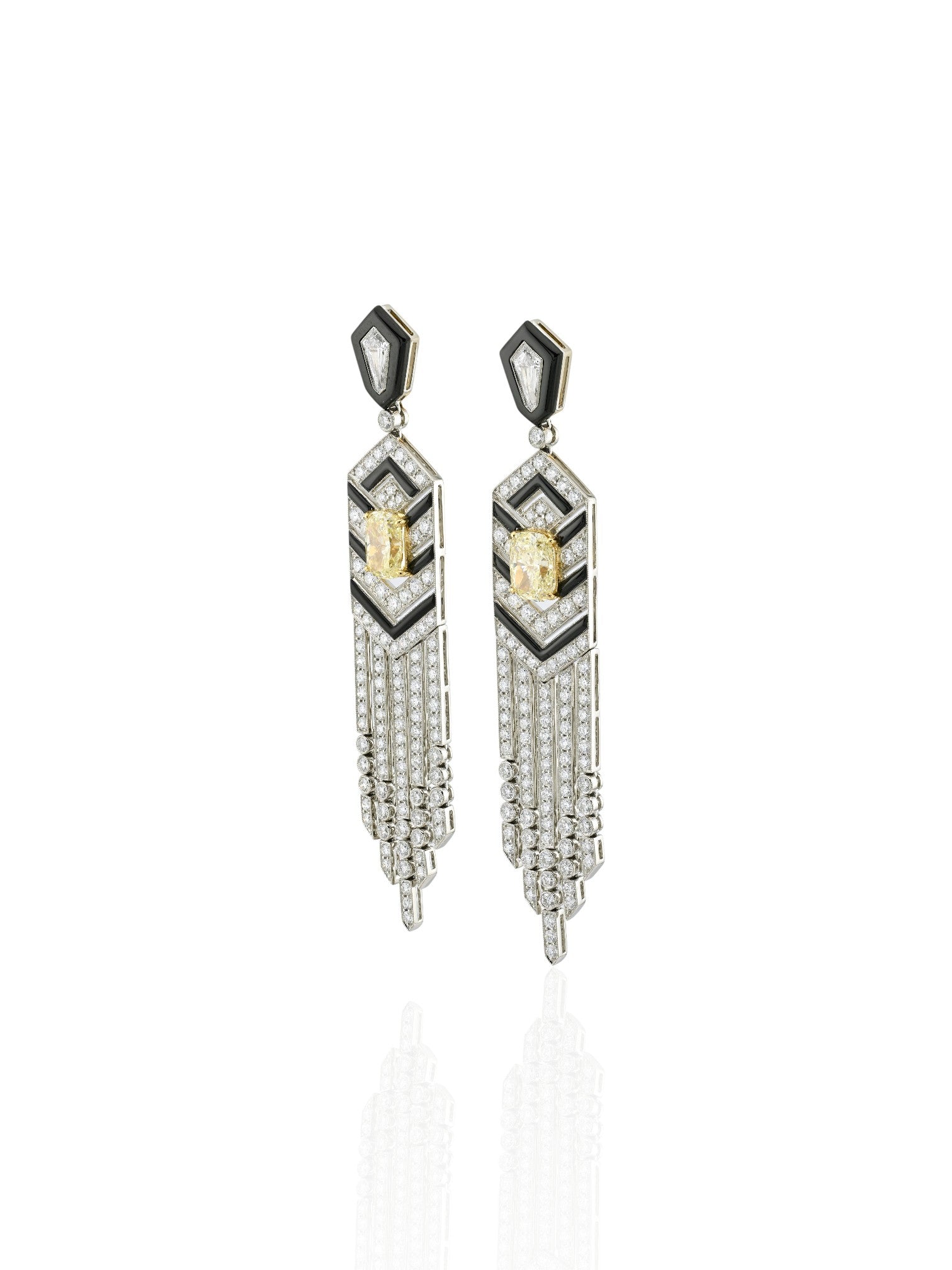 Sophia D Art Deco Yellow and White Diamond Onyx Fringe Earrings Platinum and 18K Yellow Gold