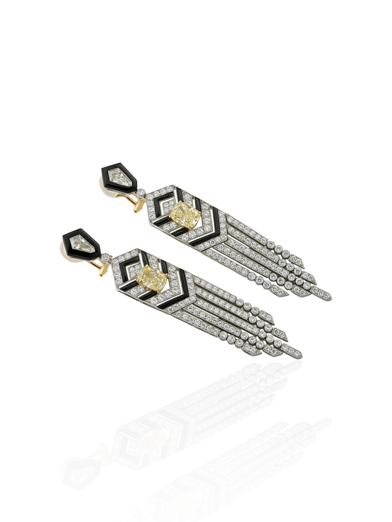 Sophia D Art Deco Yellow and White Diamond Onyx Fringe Earrings Platinum and 18K Yellow Gold