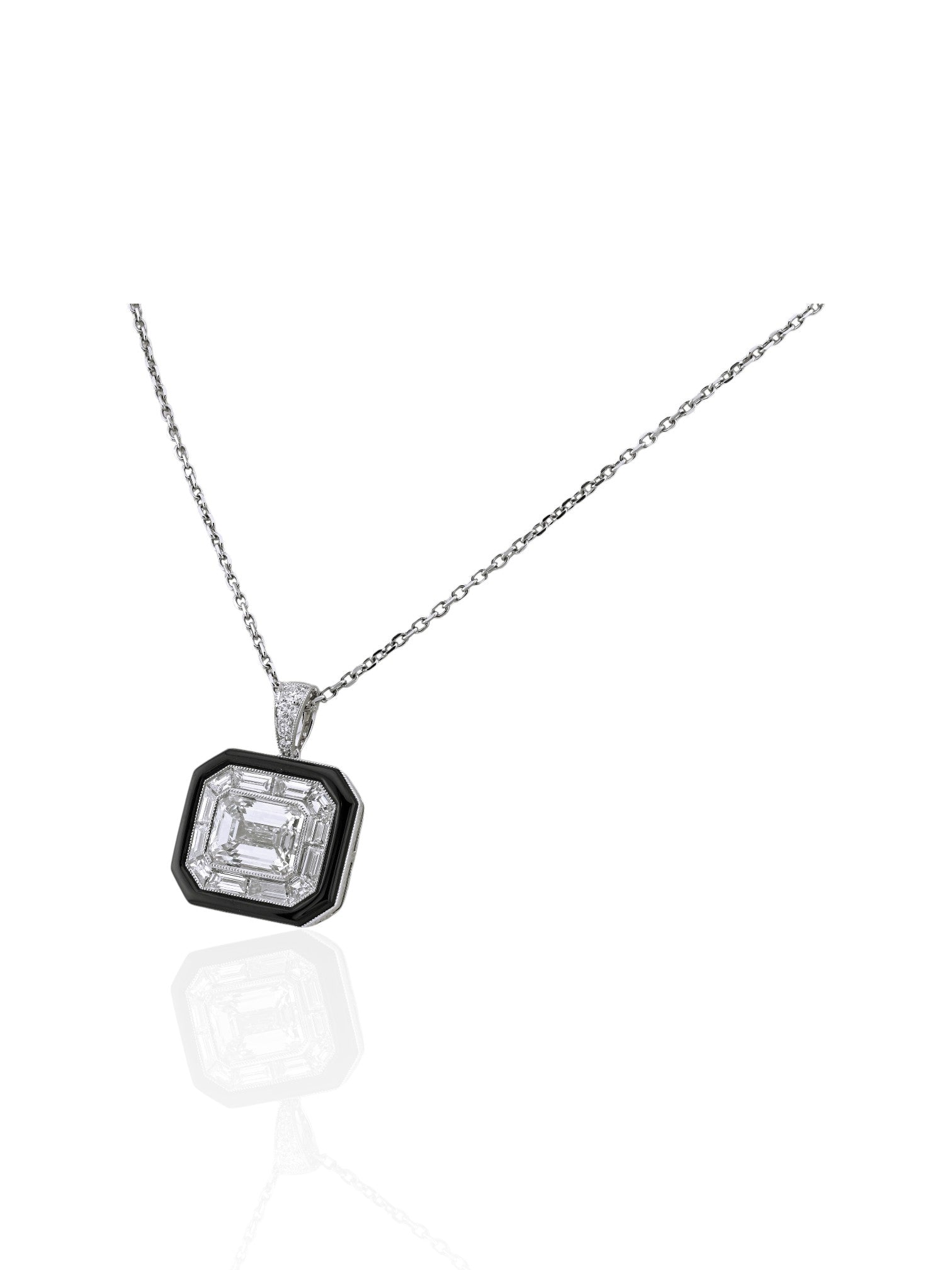 Sophia D Art Deco Emerald Cut Diamond and Onyx Pendant Necklace Platinum