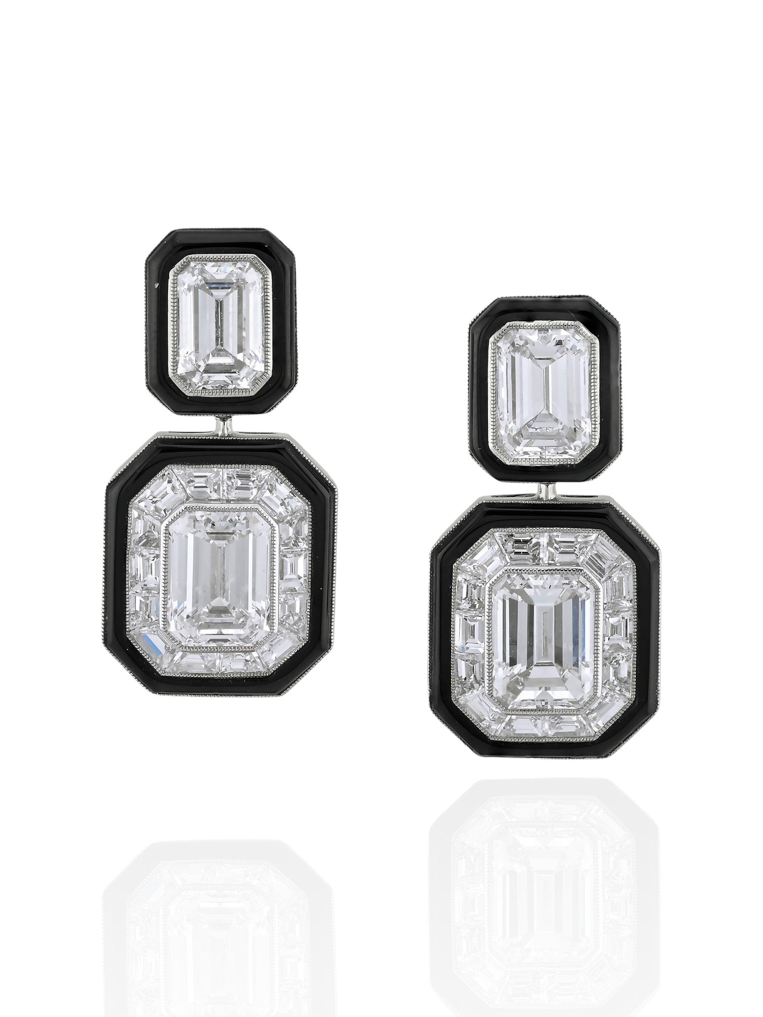 Sophia D Art Deco Emerald Cut Diamond and Onyx Drop Earrings Platinum