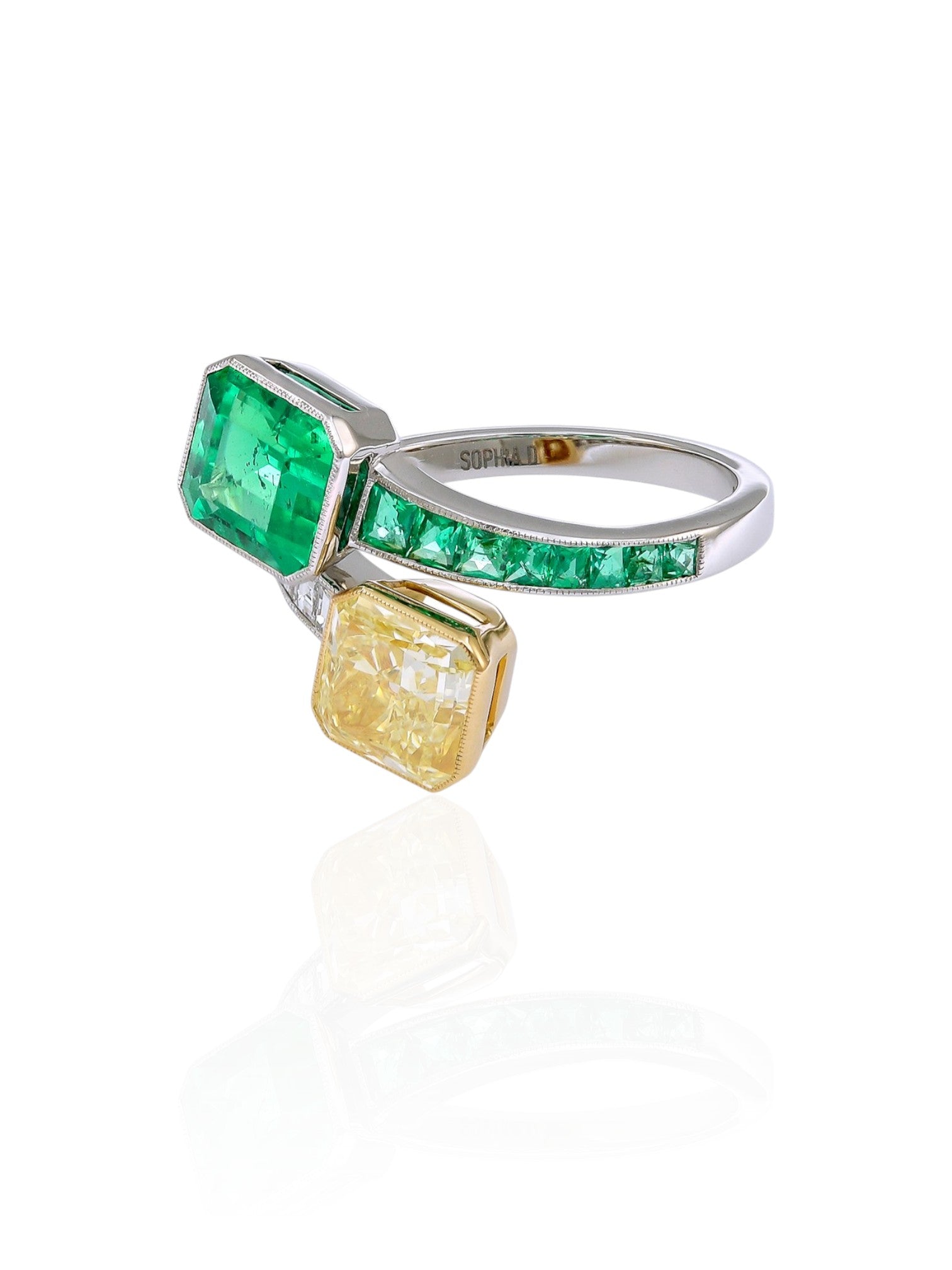 Sophia D Colombian Emerald and GIA Certified Yellow Diamond Bypass Ring Platinum and 18K Yellow Gold
