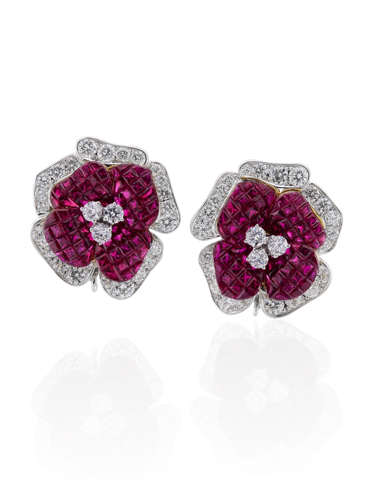 Sophia D Invisible-Set Ruby & Diamond Floral Earrings in 18K White Gold