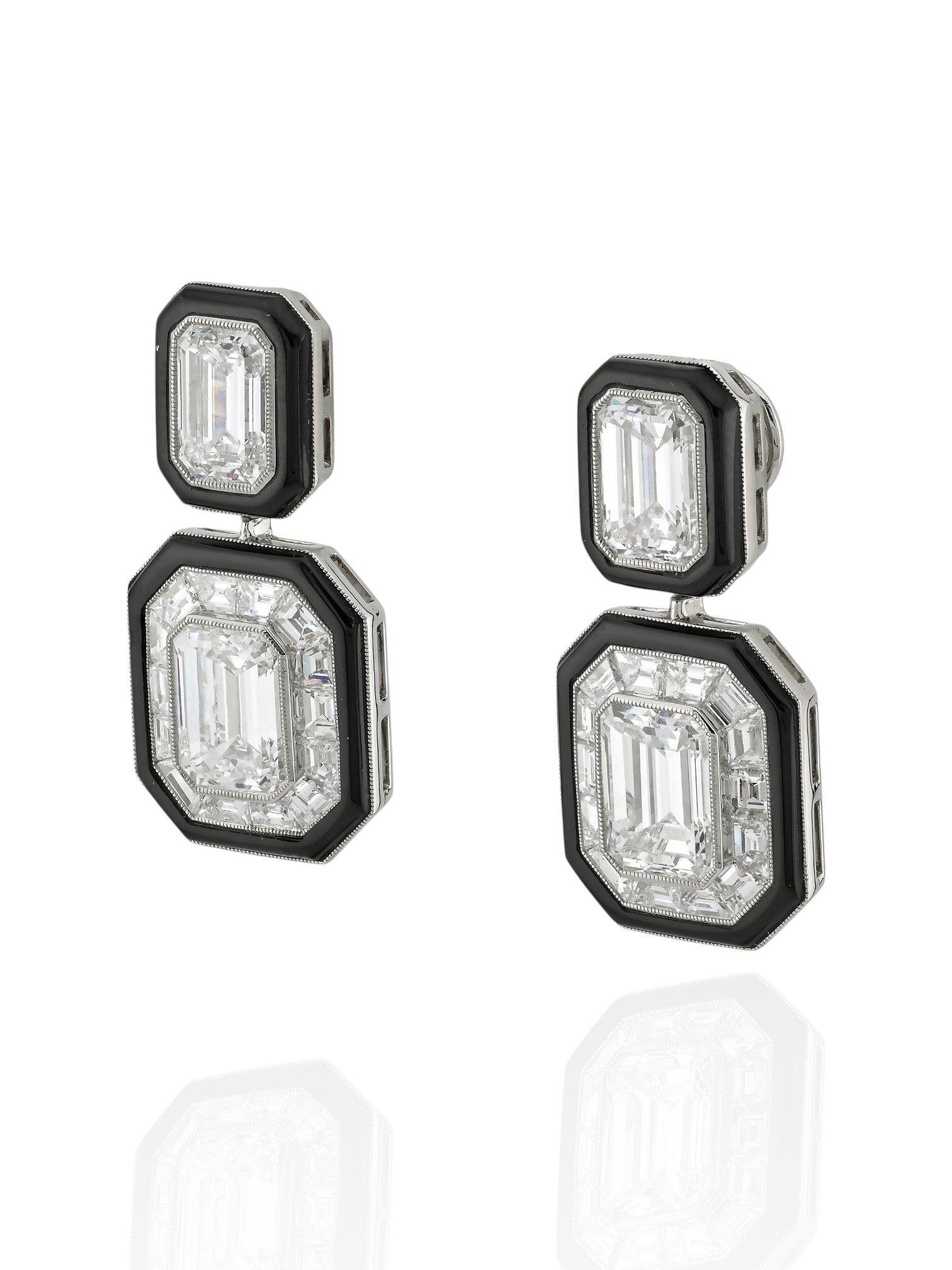 Sophia D Art Deco Emerald Cut Diamond and Onyx Drop Earrings Platinum