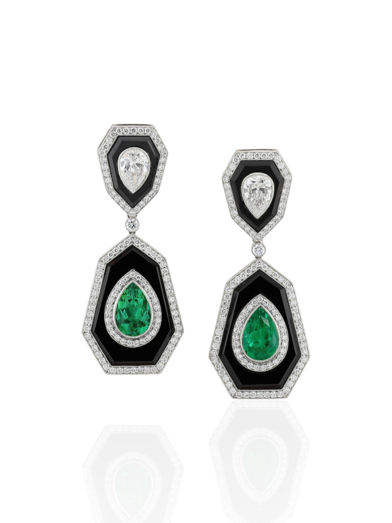 Sophia D Art Deco Emerald Diamond and Onyx Drop Earrings Platinum and 18K Yellow Gold